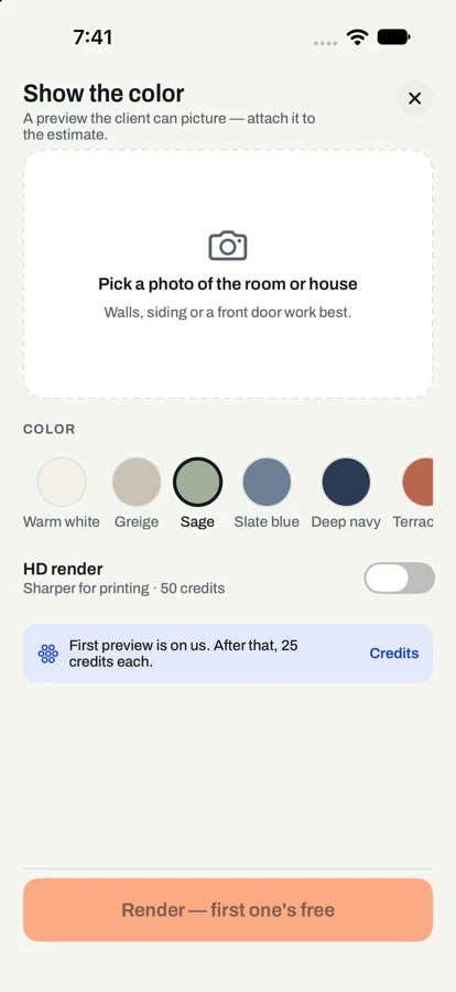 Color preview screen with swatches for the client's photo
